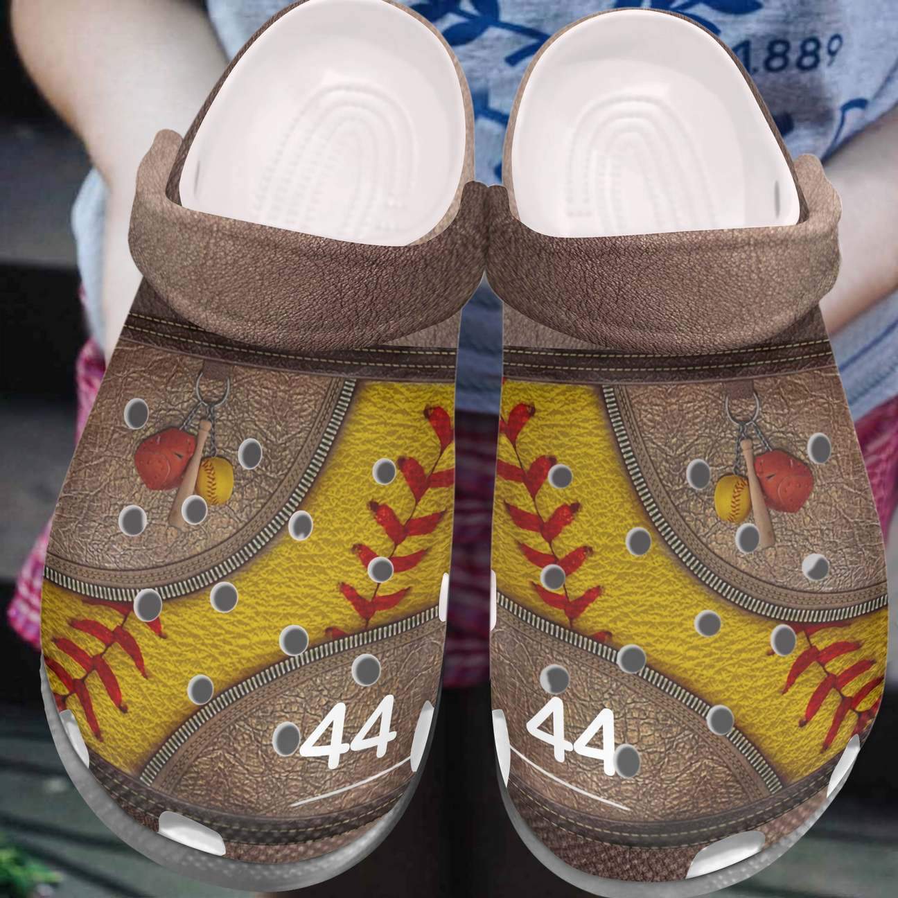 Softball Personalized Clog, Custom Name, Text, Color, Number Fashion Style For Women, Men, Kid, Print 3D Brown And Yellow