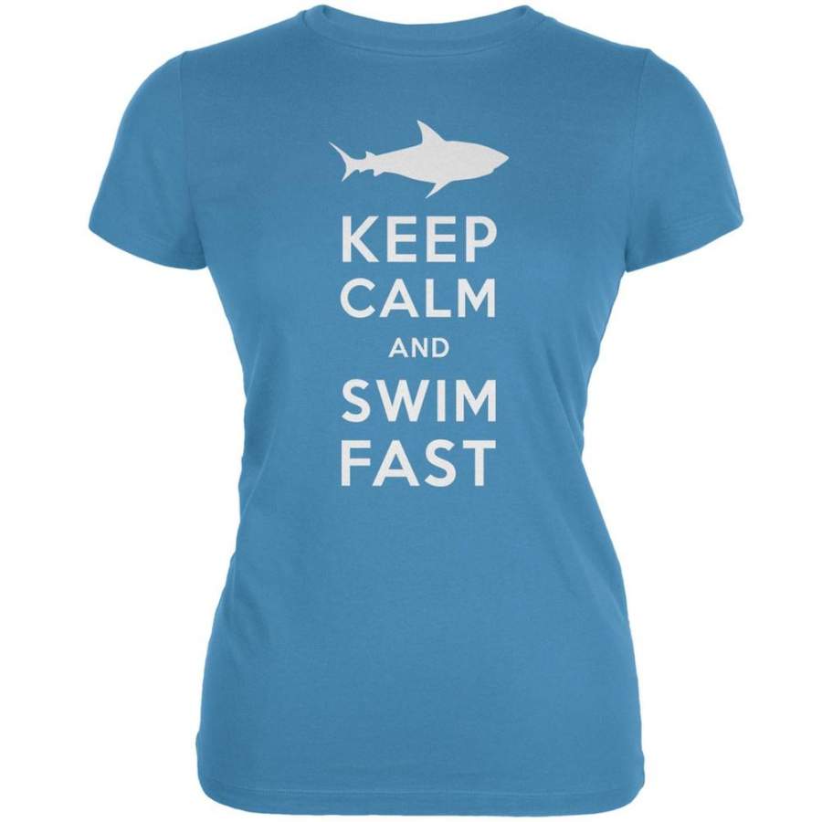 Shark Keep Calm and Swim Fast Aqua Juniors Soft T-Shirt