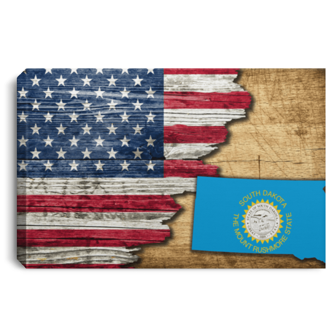 United States/Sourth Dakota Flag Ripped Effect 24X16 Inches  Landscape Canvas .75In Frame