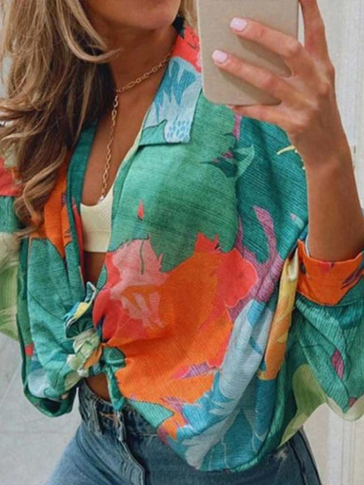 2022 Loose Turn Down Collar Blouses Women Fashion Floral Printed Female Shirts Summer Elegant Batwing Sleeve Lace-up Ladies Tops alx