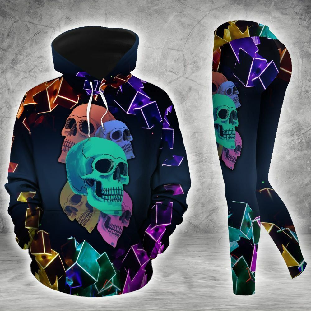 Skull Flower Colorful Unique 3D Printed Sublimation Leggings Hoodie Set Hooded Sweatshirt Comfy Yoga Pants Tummy Control CTC140119