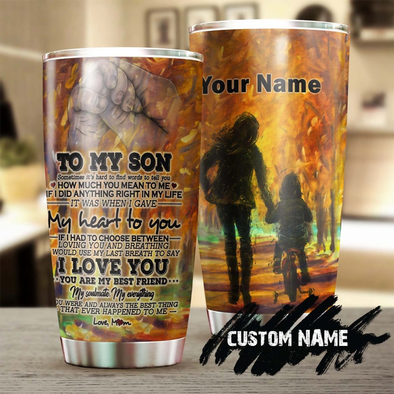 To My Son Hand In Hand Mom Autumn I Love You Son Personalized Tumbler-Unique Meaningful Birthday Gift Christmas Gift Day For Son From Mom