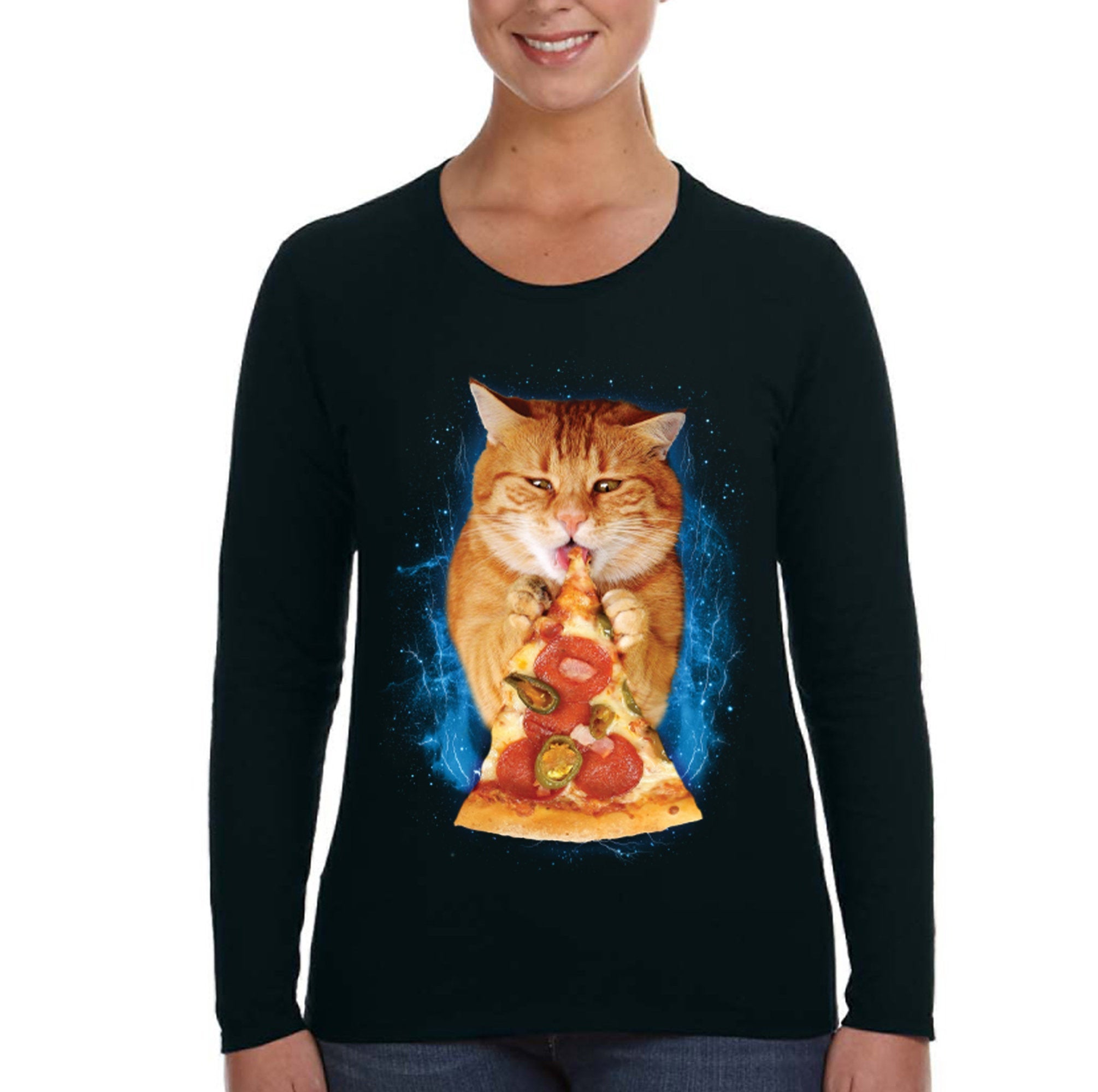 Xtrafly Apparel Women’S Pizza Cat Fat Kitty Tabby Kitten Space Galaxy Mars Moon Alien Rocket Ship Pepperoni Pet Animal Long Sleeve T-Shirt