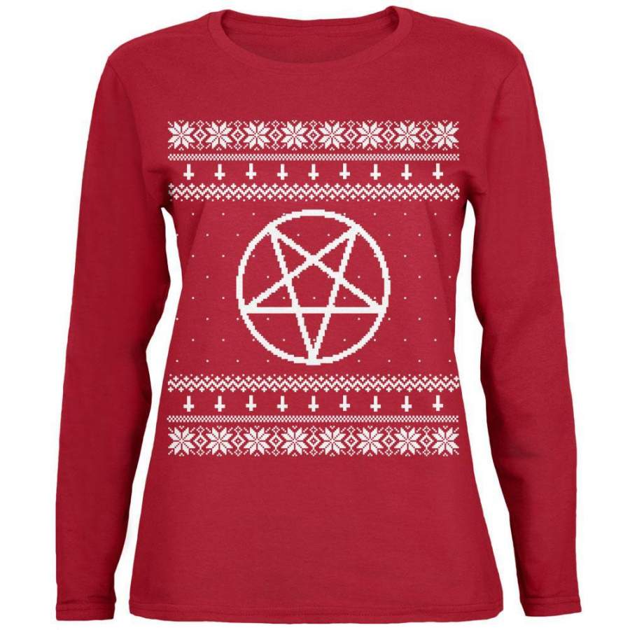 White Satanic Pentagram Ugly Christmas Sweater Red Womens Long Sleeve T-Shirt