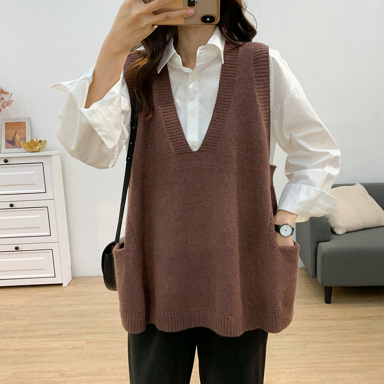 Sweater Vest Women V-neck Knitted Solid Simple All-match Loose Leisure Trendy Pocket Classic Jumper Ulzzang Stylish 4XL Womens alx