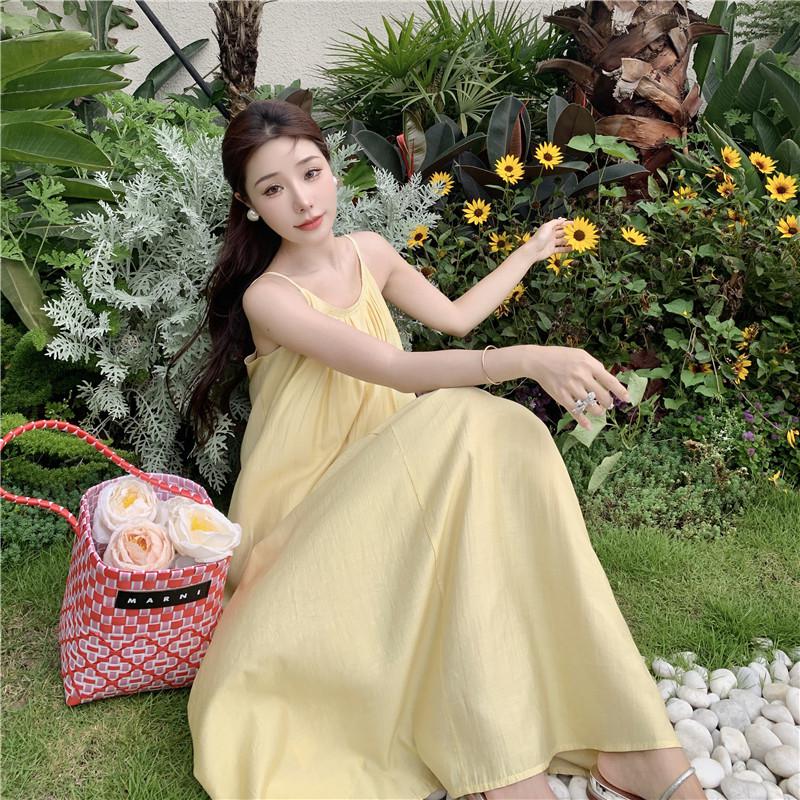 yellow Crewneck loose lady summer Sexy dress ladies slip Backless Beach sundress women Simplicity Elegant Party boho long dress alx