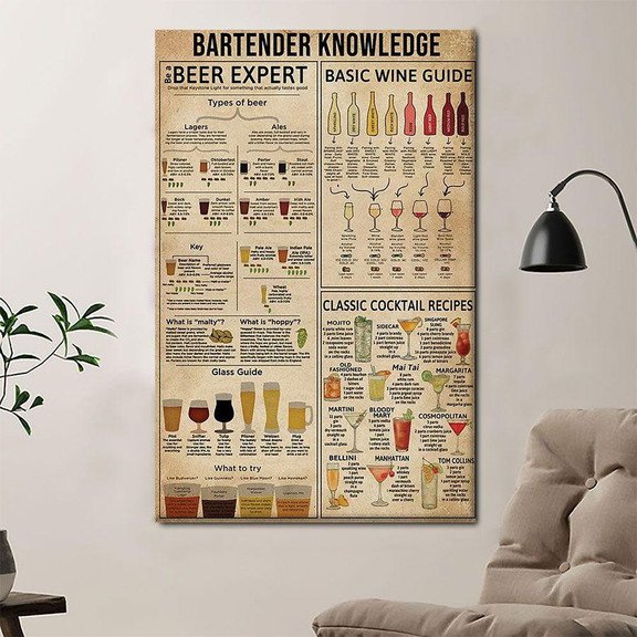 Bartender Knowledge Poster Canvas Home D  cor Gifts For Men Women