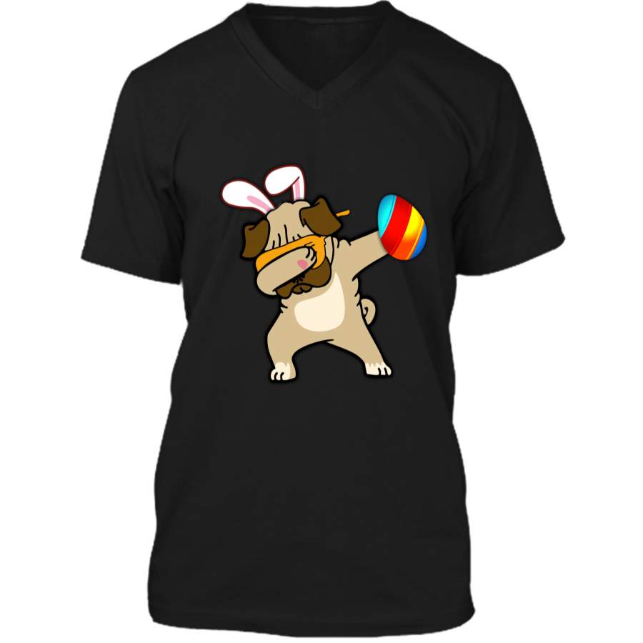 Easter Bunny Dabbing Pug Dog Tshirt Easter Egg Tee Mens Printed V-Neck T