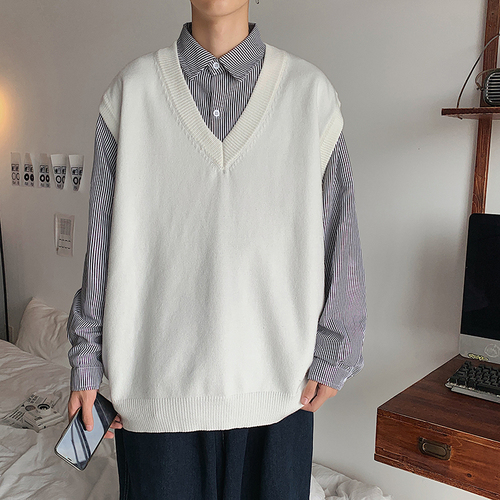 Sweater Vest Men V-neck Design Pure Color Preppy Stylish Casual Ulzzang Japanese Hip Hop Streetwear Teens Baggy Harajuku Simply alx