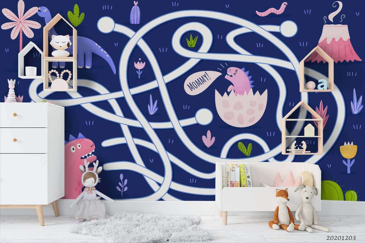 3D Cartoon Colorful Dinosaur Animal White Line Plant Pattern Wall Mural Wallpaper Lxl