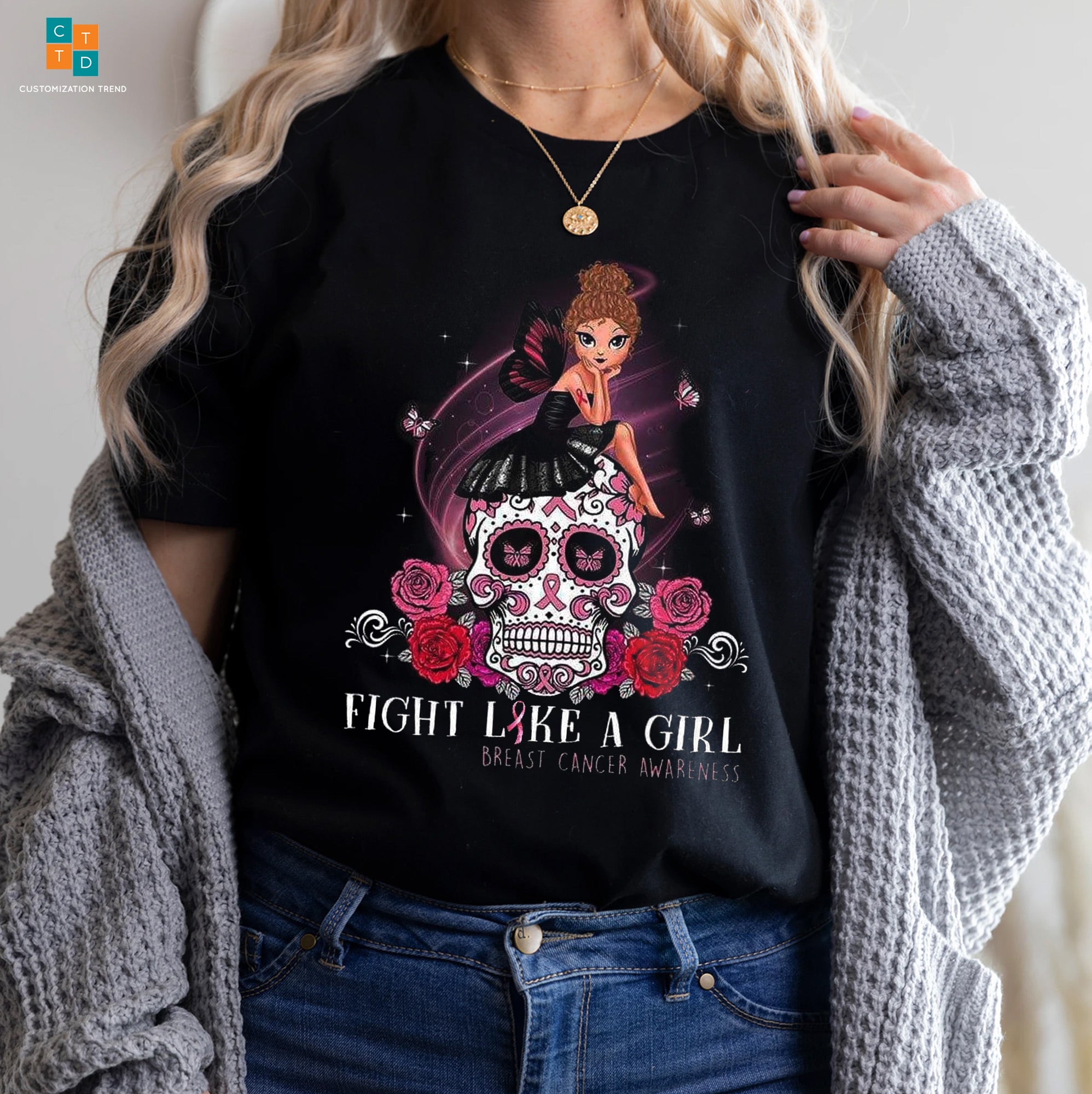 Breast Cancer Awareness Candy Skull Girl Fight Like A Girl Hoodie, Shirt