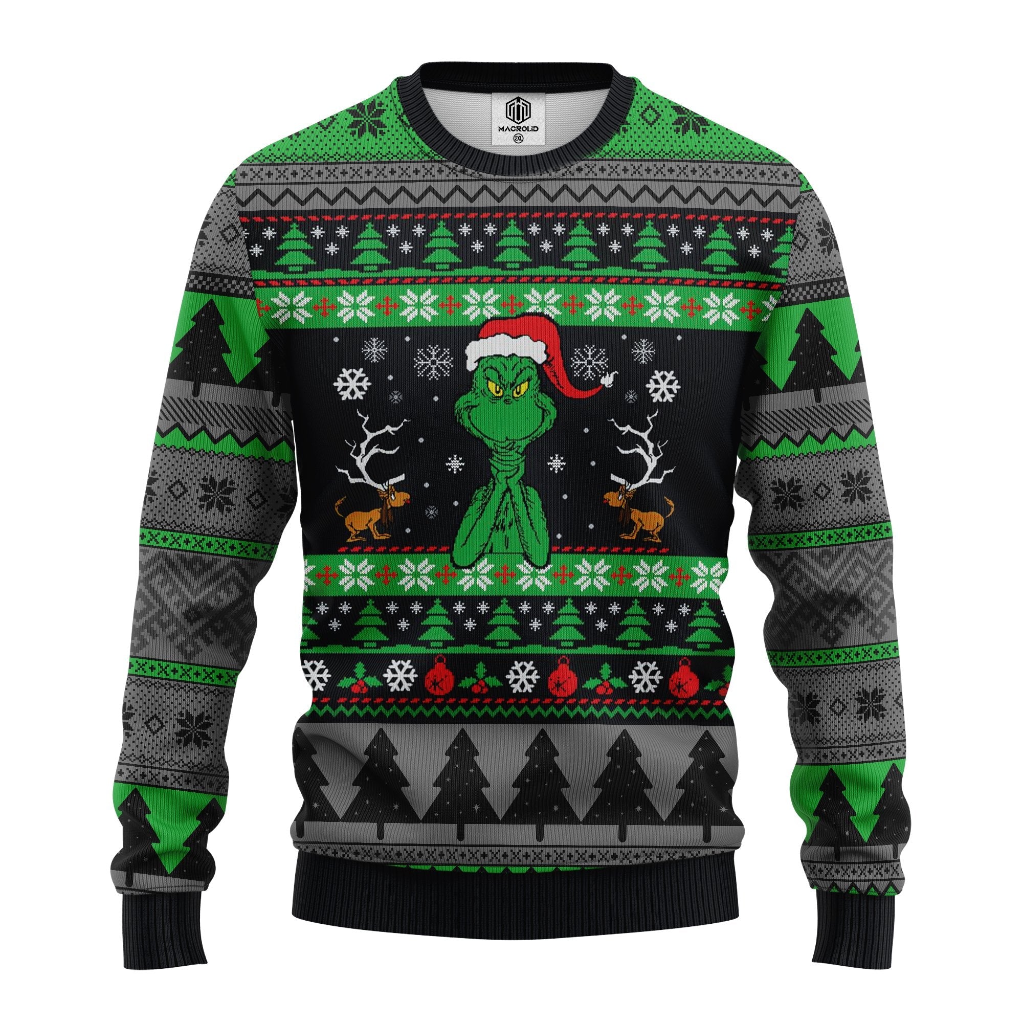 Unifinz Grinch Sweater Grinch Christmas Tree Snowflakes Green Black Grey Ugly Sweater 2022