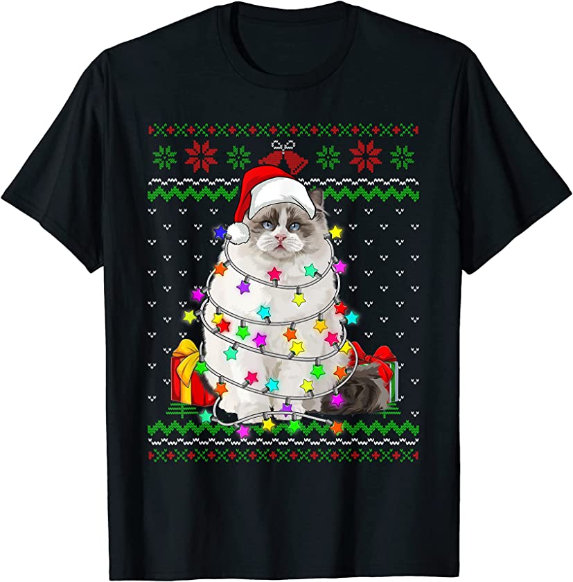 Xmas Ugly Sweater Christmas Lights Cat Kitten Lover T-Shirt