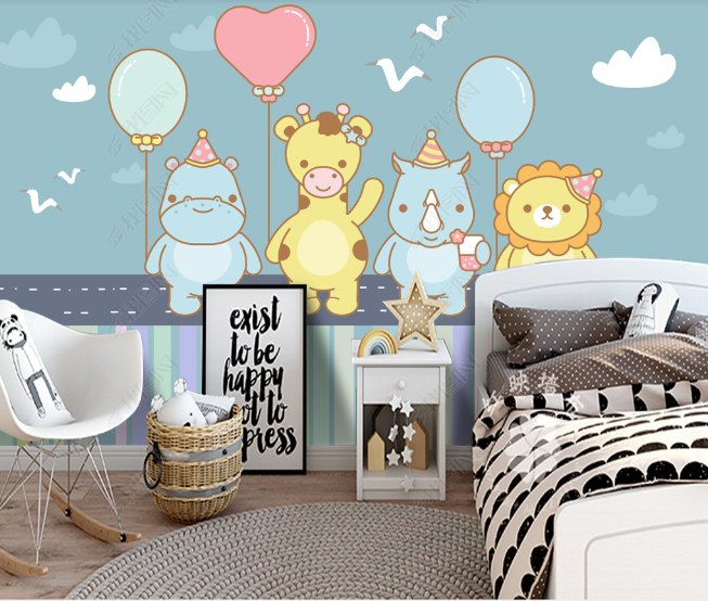 3D Cartoon Animal Sky Cloud Balloon Wall Mural Wallpaper Lqh 293