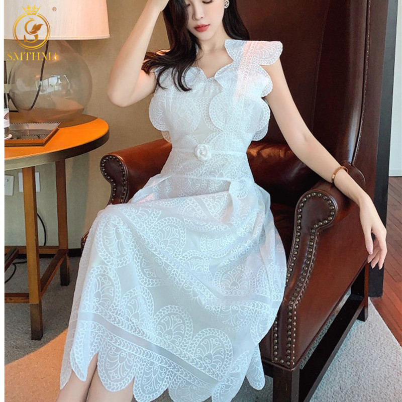 SMTHMA New Fashion White Lace Hollow Out Summer Long Dress Ladies High Waist Embroidered V-Neck Runway Dresses Vestidos alx