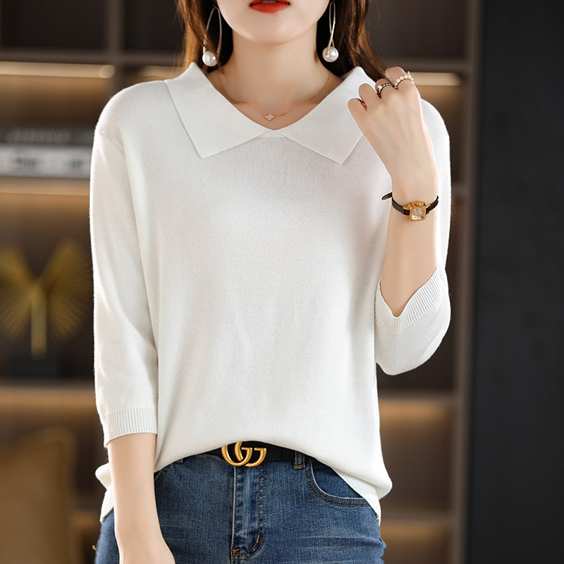 Spring Autumn New Women Half-sleeved Sweater Doll Collar Slim Wool Cotton Blend Pullover Both Sides Be Worn Knitted Base Sweater alx