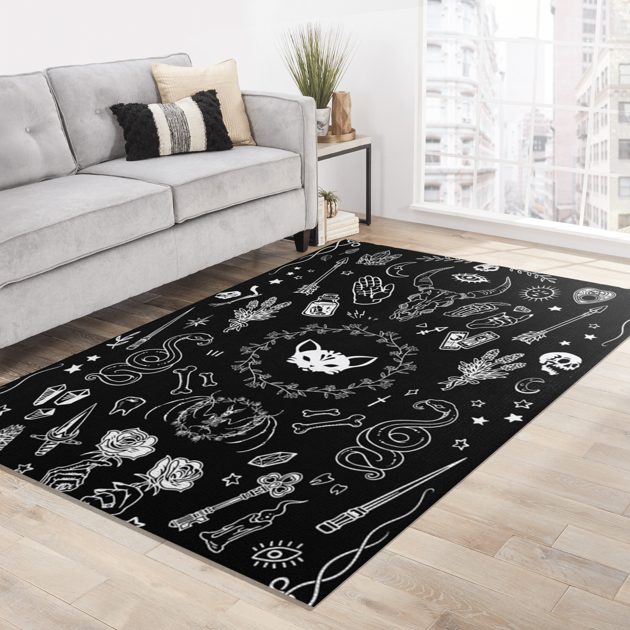 Gothic Witchy Area Rug Witchcraft Magic Moon Skulls Snake Sphynx Black Carpet Bedroom Living Room Halloween Goth Floor Mat Witch Altar Rug