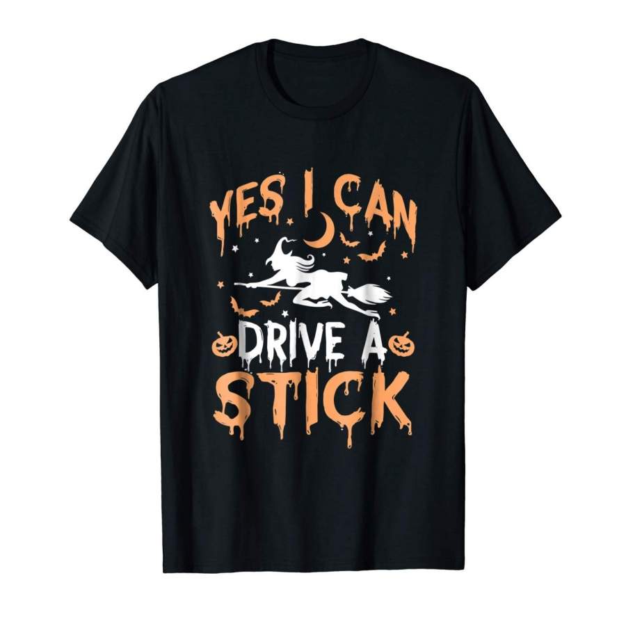 Yes I Can Drive A Stick Funny Halloween Witch T-Shirt Men Cotton T-Shirt