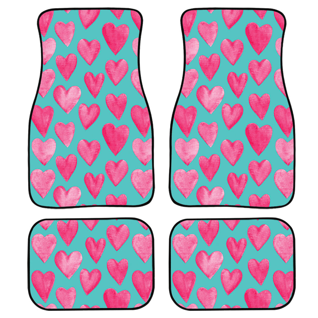 Pink And Teal Watercolor Heart Print Front And Back Car Floor Mats, Front Car Mat