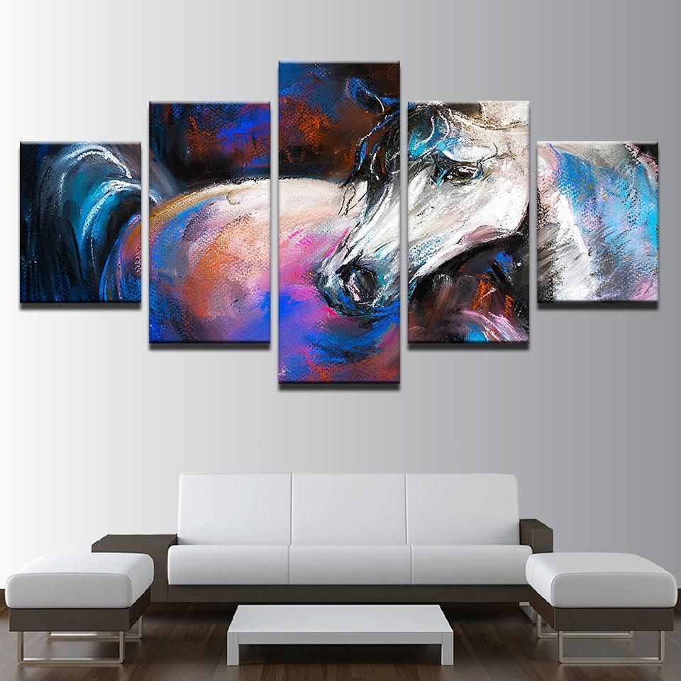 White Horse Abstract Animal 5 Panel Canvas Art Wall Decor