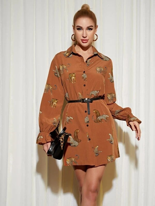 Women Leopard Print Flounce Sleeve Shirt Dress With PU Leather Belt