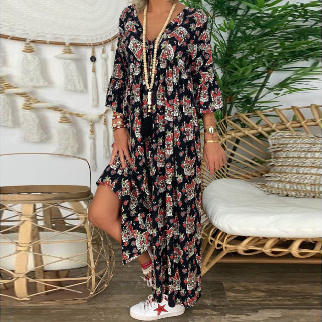 Bohemian Summer Beach Dresses Sundress 2021 Women’s Plus Size Long Sleeve V-neck Maxi Dress Casual Sexy Boho Boho Dress Robe alx