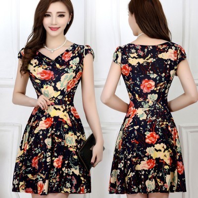 Women Dresses Women’s Milk Silk Dress Short Sleeves Vintage Printed Flower Print Sundress Casual Sexy Bodycon Clothes alx