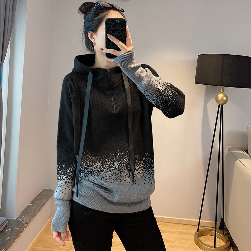 Spring pullover 2022 new fashion gradient knitted sweater sweater women loose belly cover slimming hooded pullover sweater alx