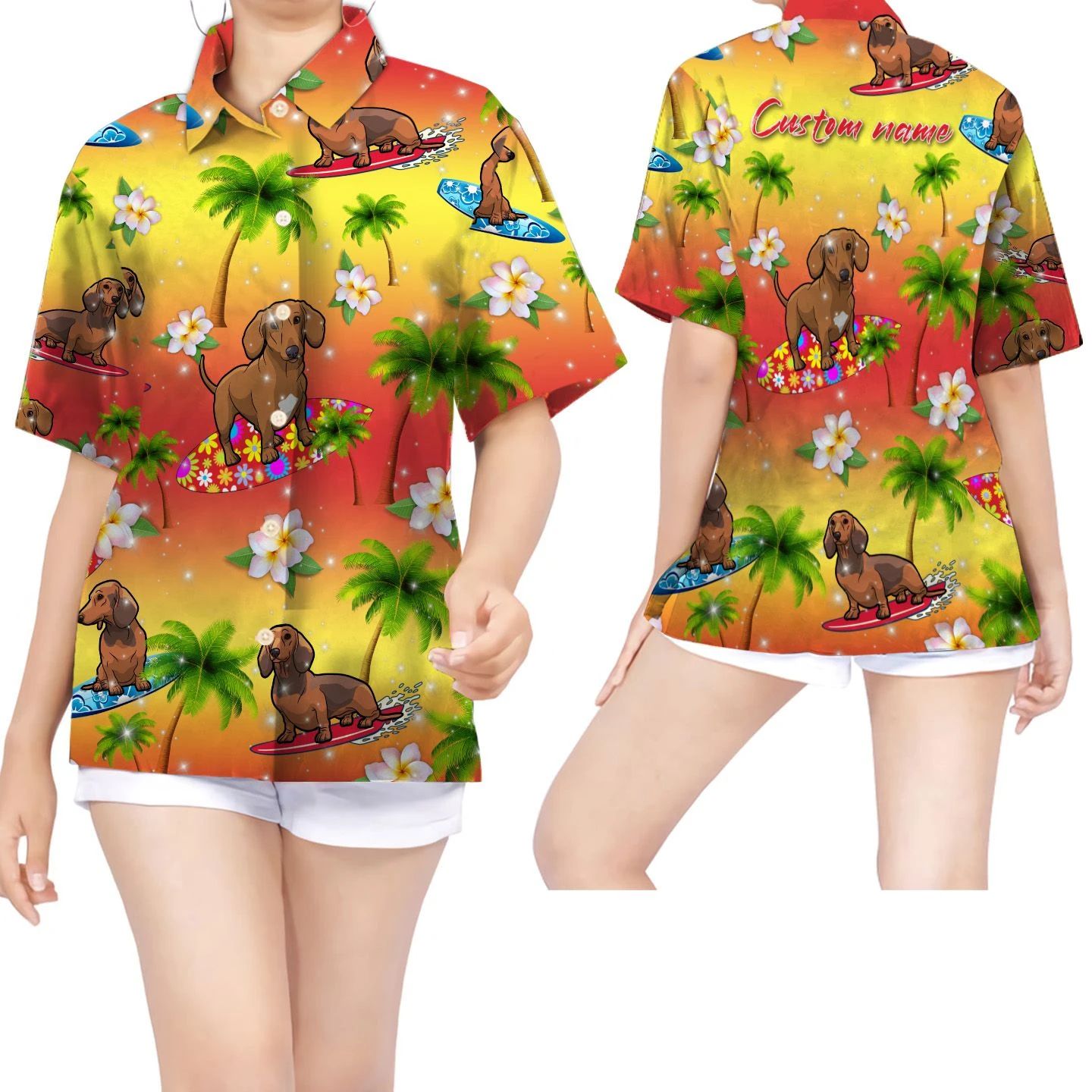 Surfing Dachshund Coconut Tree Custom Name Women Hawaii Shirt For Dog Lovers Ha18179