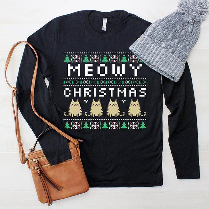 Meowy Christmas Ugly Long Sleeve Four Cats Shirt Christmas Gift