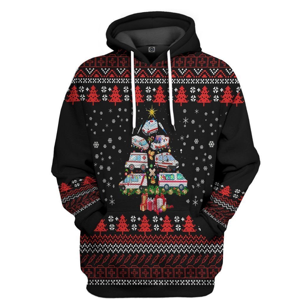 3D Paramedic Ambulance Xmas Tree Ugly Christmas Sweater Custom Hoodie Apparel