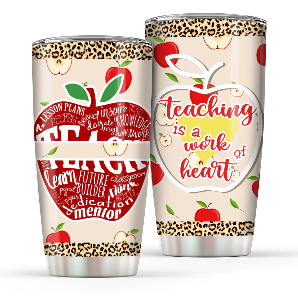 Travel Tumbler For Teacher Appreciation Typography Apple Leopard Design Gifts For Back To School 20Oz Novelty Cup