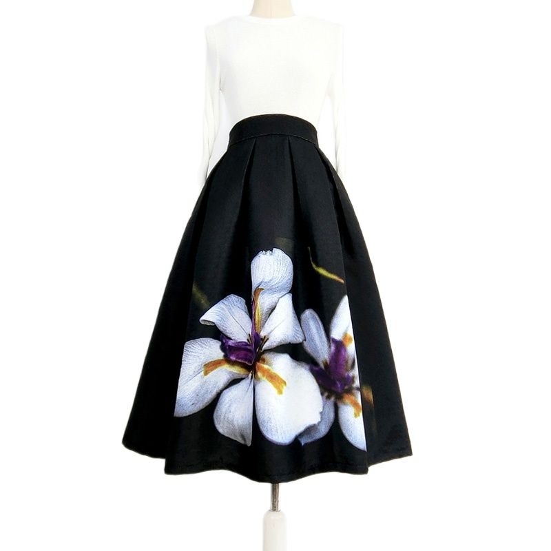 2022 Autumn Winter Korean Woman Chic Elegant Black Floral High Waist Pleated Midi Skirt for Office Lady OL Work Wear Fall Outfit alx