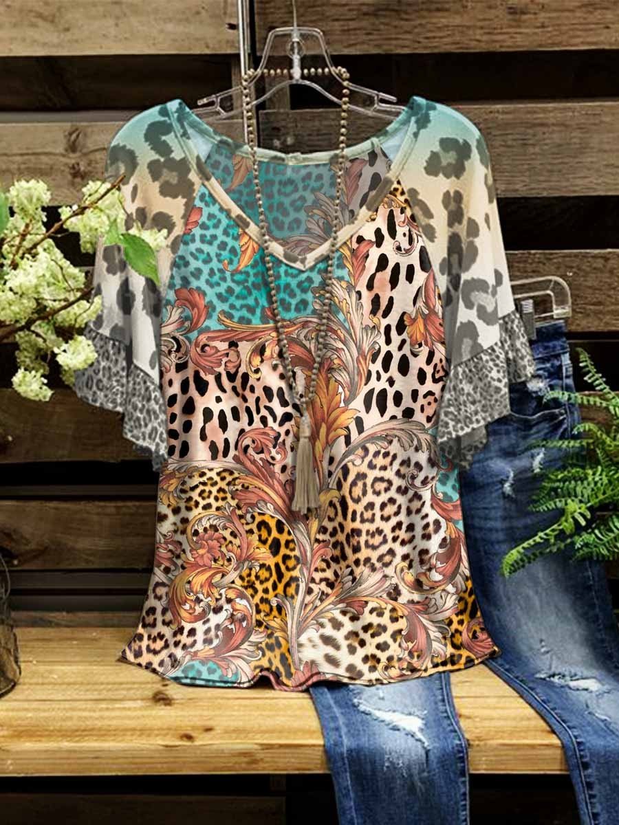 Women’S Flower Leopard Printed V-Neck Top