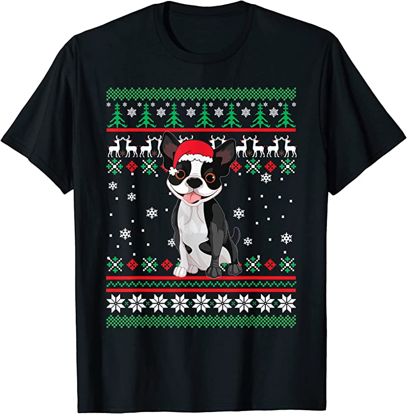 Boston Terrier Santa Hat Funny UGLY Christmas Pajama Holiday T-Shirt