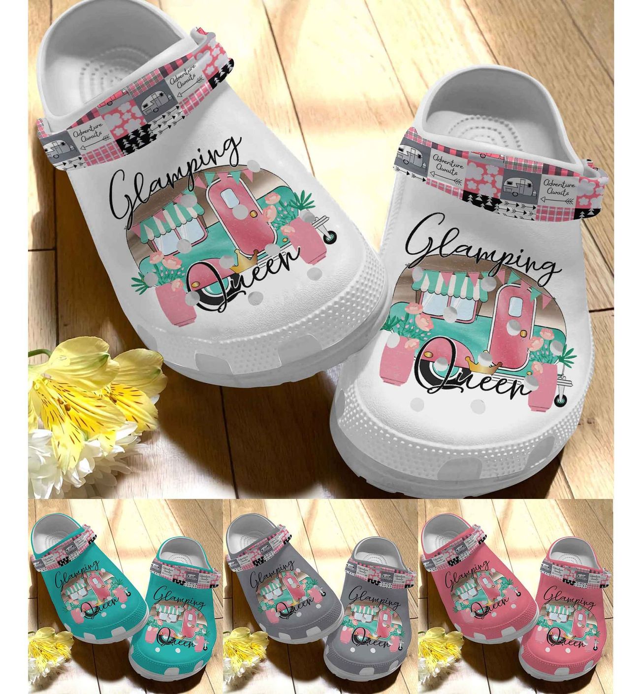 Camping Personalize Clog, Custom Name, Text, Fashion Style For Women, Men, Kid, Print 3D Whitesole Glamping Queen