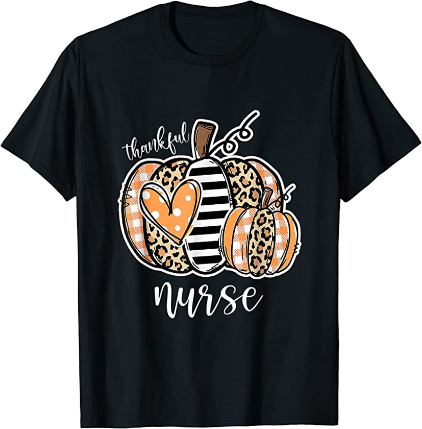 Thankful Nurse Leopard Plaid Pumpkin Thanksgiving Day Nurse T-Shirt