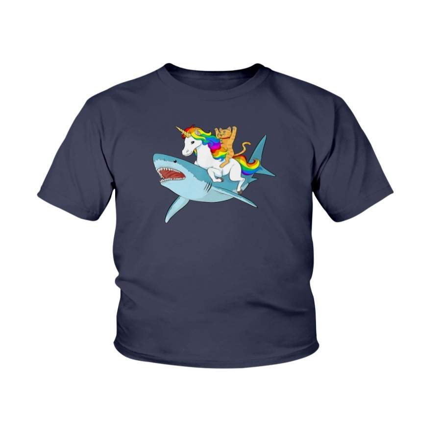 Cat Riding Unicorn Riding Shark Design T-Shirt