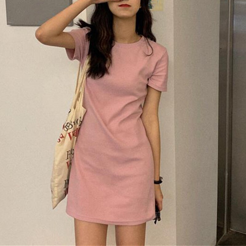 All Season Solid Mini Dress Straight Vintage All-match O-Neck Slim Bottoming T-shirts Dresses for Women 2022 Vestidos Female Y2k alx