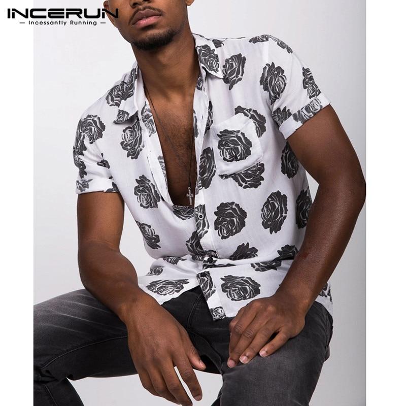 Rose Print Casual Shirt Men Button Short Sleeve Lapel Neck Tops Camisa Fashion Hawaii Ha40316