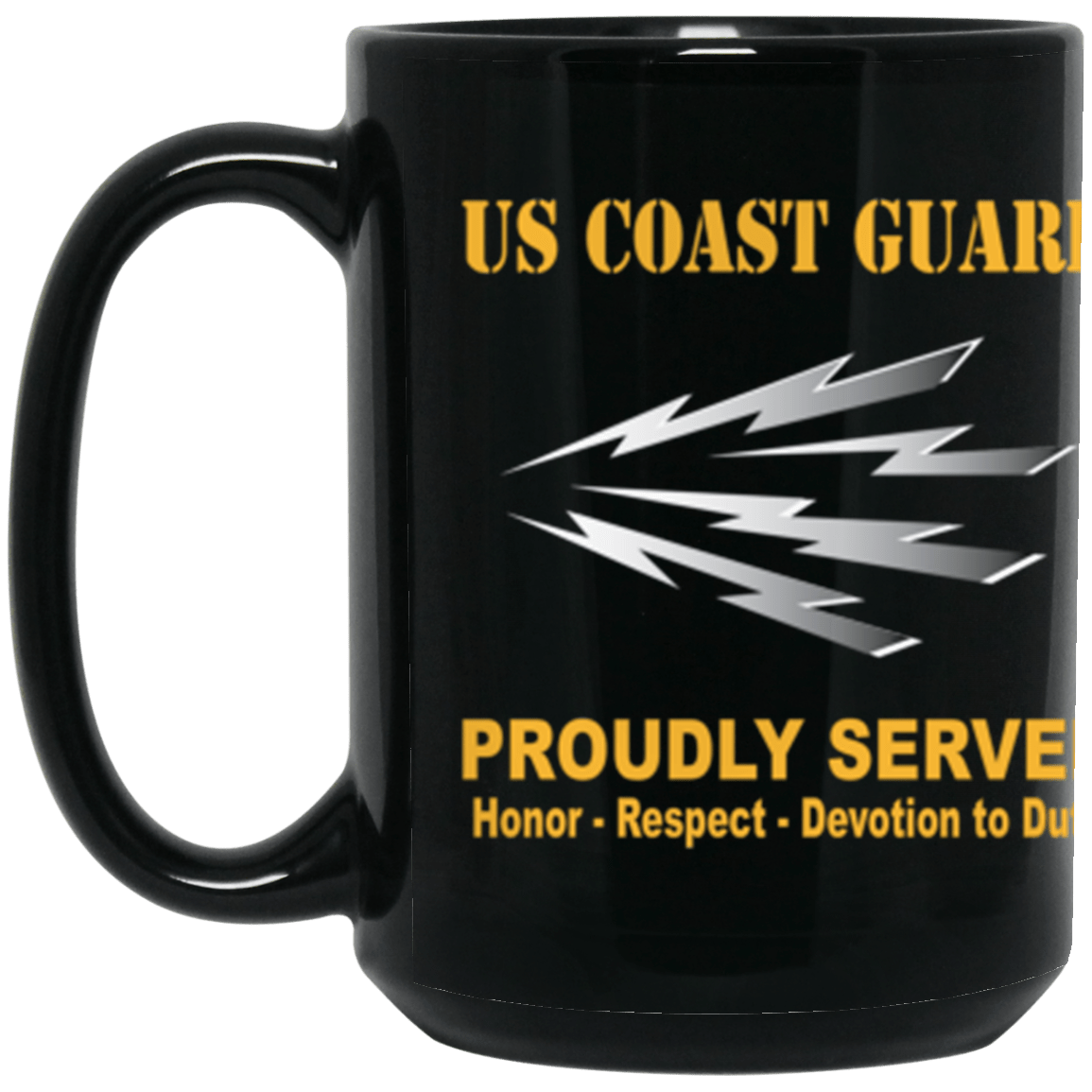 USCG Telecommunications Specialist TC Logo Proudly Served Core Values 15 oz. Black Mug