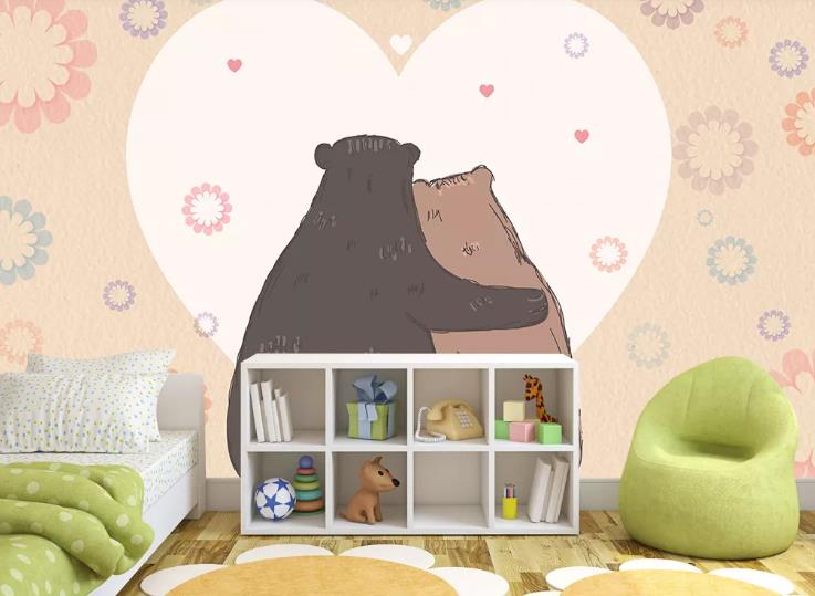 3D Cartoon Animal Bear Love Floral Wall Mural Wallpaper Lqh 536