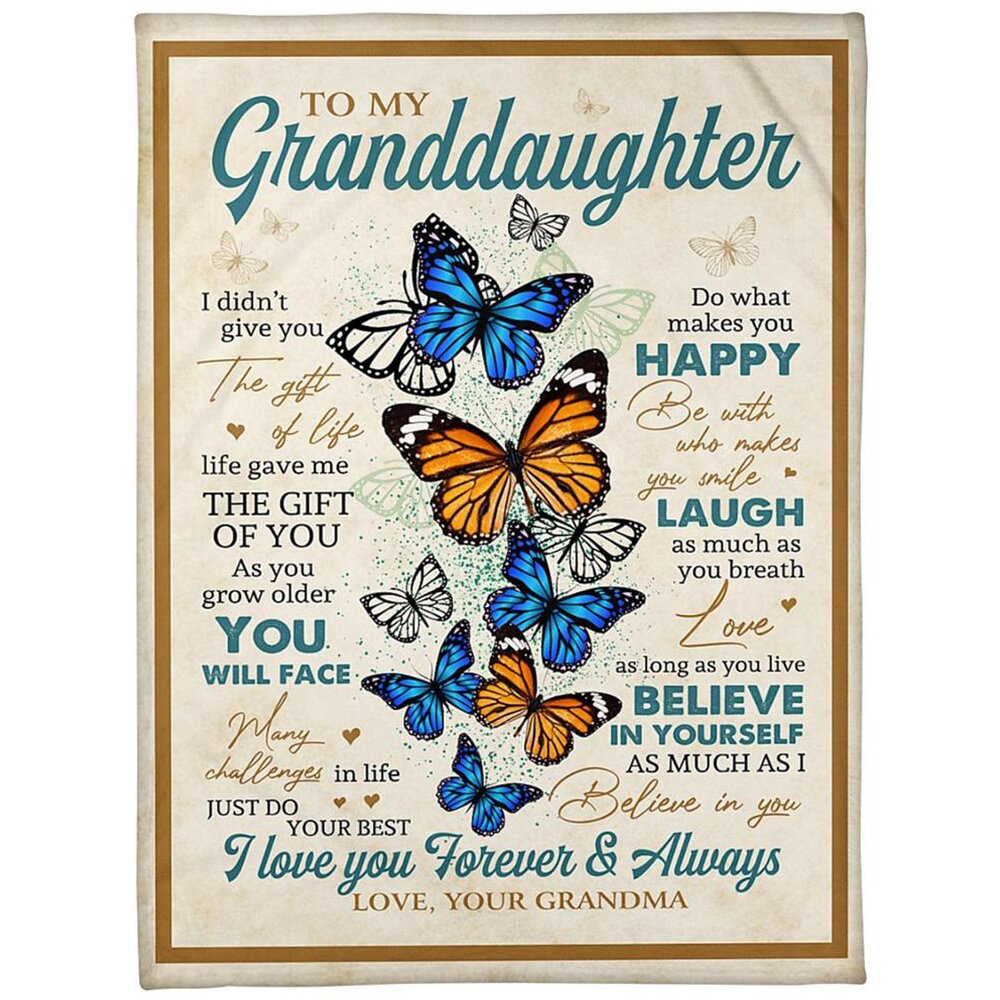 Butterfly To Granddaughter Fleece Blanket – I Love You Forever & Always, Gift For Granddaughter From Grandma Birthday Gift Home Decor Bedding Couch Sofa Soft And Comfy Cozy