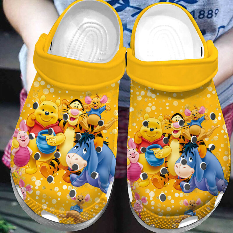 Winnie The Pooh Yellow Crocs Crocband Clogs, Comfy Footwear