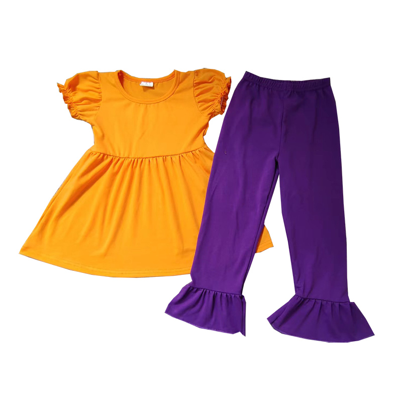 Boutique cotton kids clothing summer orange short sleeve tunic dress purple pants girls sets alx