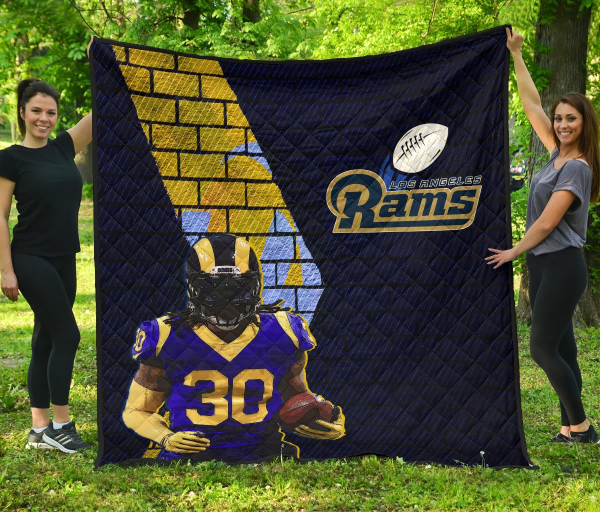 Los Angeles Rams American Football Team Raymond Calais 30 Holding Rugby Ball Brick Background Premium Quilt Blanket