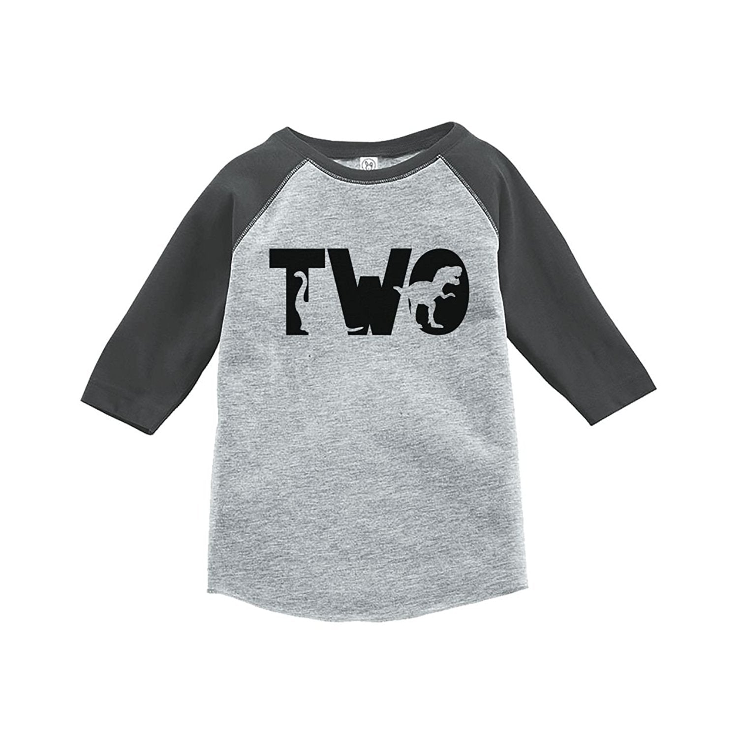 7 Ate 9 Apparel Two Second Birthday Dinosaur Grey Baseball Tee