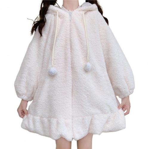 Women’s Cute Bunny Ear Hoodie Jacket Coat Lolita Fuzzy Fluffy Warm Solid Color Oversize Rabbit Hooded Sweatshirt alx