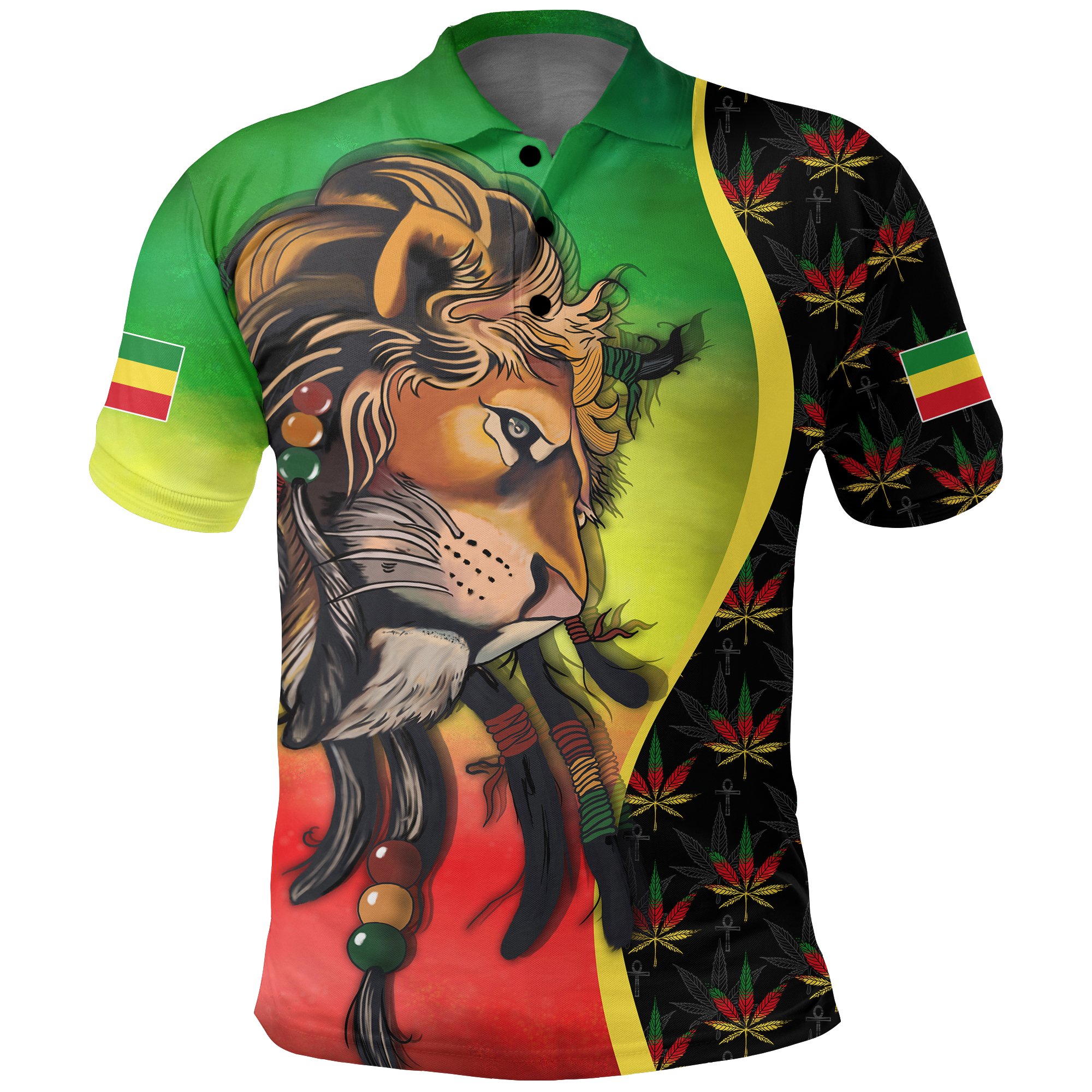 1stTheWorld Ethiopia Polo Shirt, Ethiopia Lion Face Rasta Pattern A10