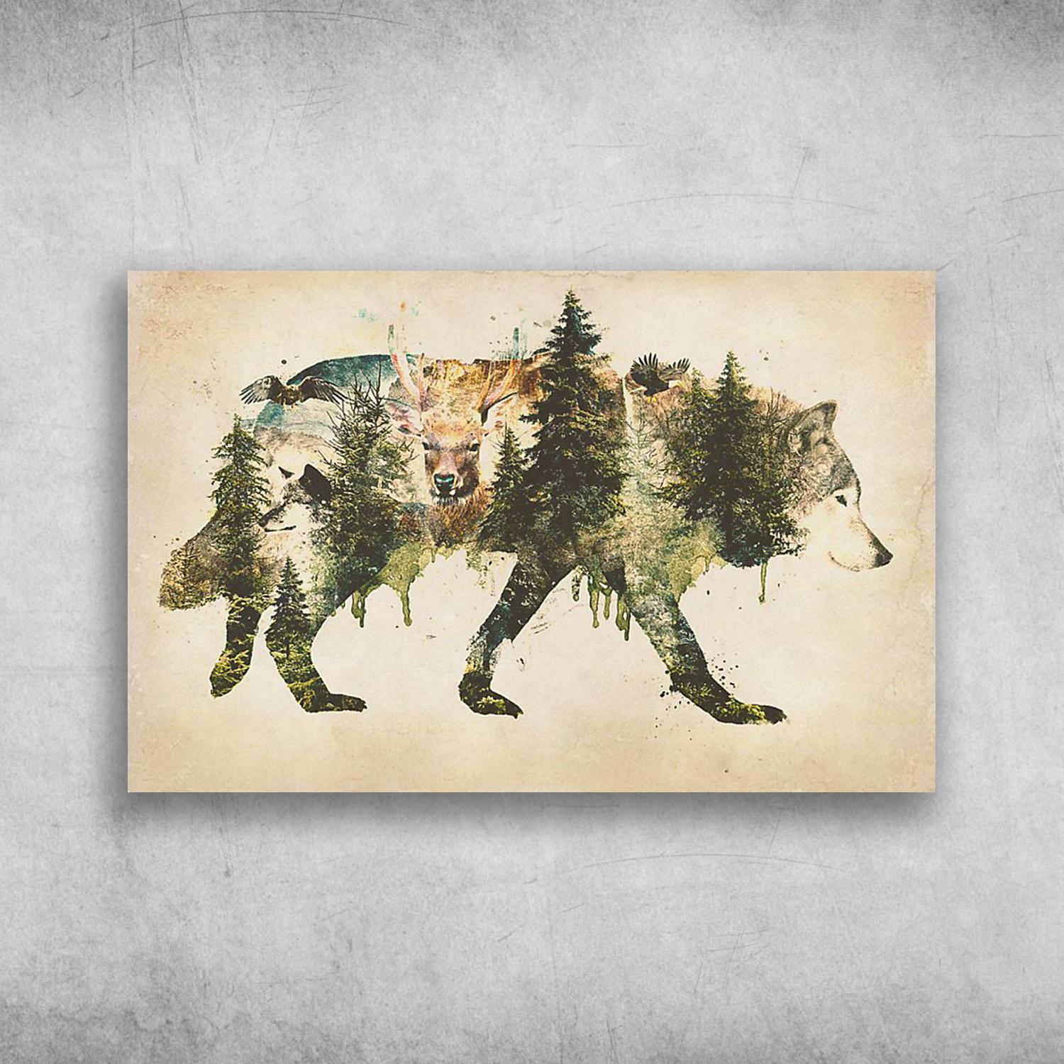 Wolf Pride A Surreal Animal Forest Inspired Fine Art Painting Poster Print, Canvas Print, Canvas Wall Art, Canvas And Poster Wall Decor